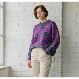 Vintage 90s Y2K Paisley Knit‎ Sweater Large Purple Teal Retro Preppy Academia